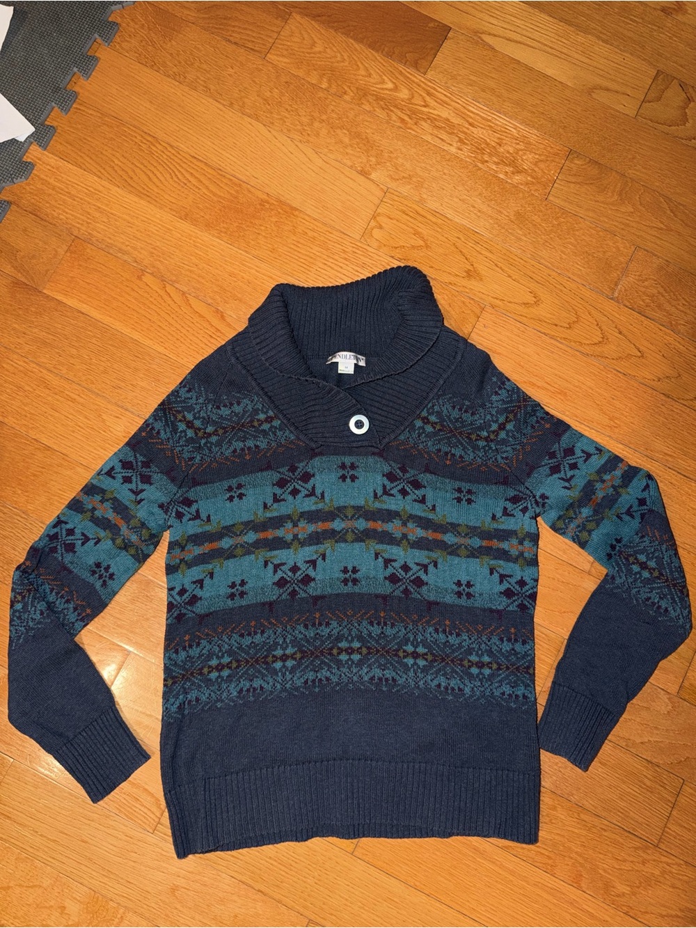 Pendleton Navy and Teal Fair Isle Shawl Collar Women's Sweater